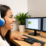 **

Prompt: Close-up of a friendly customer service agent wearing a headset, smiling warmly while typing on a computer. Soft, natural lighting. Background: a modern, clean e-commerce office setting with plants and positive affirmations visible on the walls. Focus on conveying empathy and approachability.  Keywords: *atendimento ao cliente, e-commerce, empatia, suporte online, Brasil, Portugal*.

**