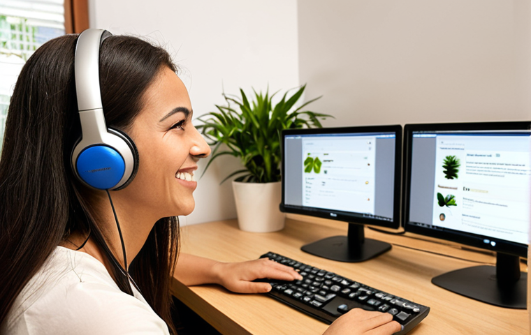**
Prompt: Close-up of a friendly customer service agent wearing a headset, smiling warmly while typing on a computer. Soft, natural lighting. Background: a modern, clean e-commerce office setting with plants and positive affirmations visible on the walls. Focus on conveying empathy and approachability. Keywords: *atendimento ao cliente, e-commerce, empatia, suporte online, Brasil, Portugal*.
**