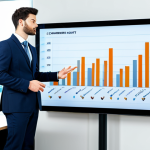 A professional individual, fully clothed in a modern business suit, stands confidently in a bright, contemporary office space, looking towards a large screen displaying abstract e-commerce growth charts. The scene captures a sense of achievement and vision, with soft, professional lighting. The individual has perfect anatomy, correct proportions, natural pose, well-formed hands, and proper finger count. This image is safe for work, appropriate content, fully clothed, and professional.