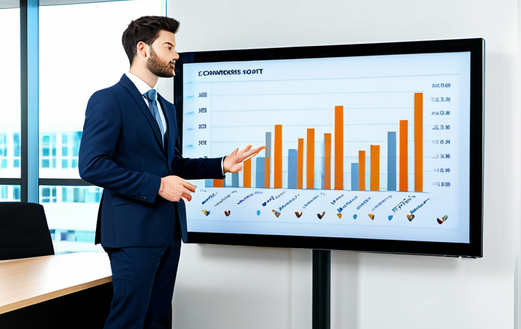 A professional individual, fully clothed in a modern business suit, stands confidently in a bright, contemporary office space, looking towards a large screen displaying abstract e-commerce growth charts. The scene captures a sense of achievement and vision, with soft, professional lighting. The individual has perfect anatomy, correct proportions, natural pose, well-formed hands, and proper finger count. This image is safe for work, appropriate content, fully clothed, and professional.