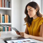 전자상거래 실무에서 자주 사용하는 데이터 시각화 도구 - A focused young female entrepreneur, in her late 20s, with a thoughtful yet confident expression, si...