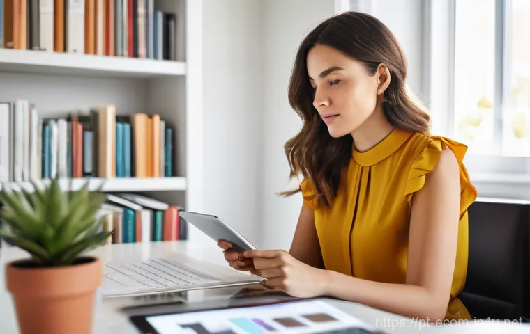 전자상거래 실무에서 자주 사용하는 데이터 시각화 도구 - A focused young female entrepreneur, in her late 20s, with a thoughtful yet confident expression, si...