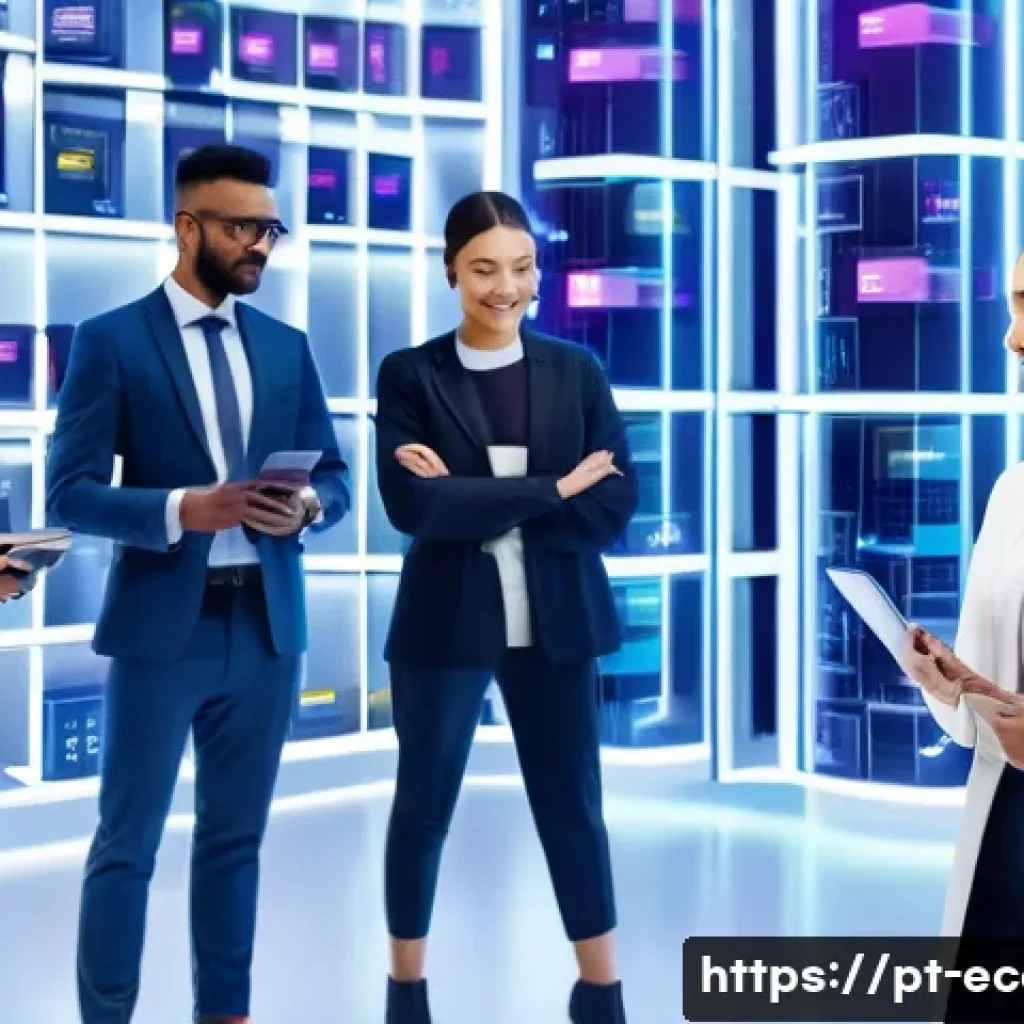 전자상거래 자격증 취득이 중요한 이유와 전망 - **Prompt:** A diverse group of confident e-commerce professionals, male and female, in modern busine...