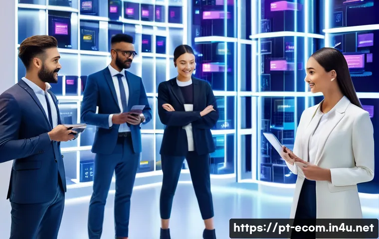 전자상거래 자격증 취득이 중요한 이유와 전망 - **Prompt:** A diverse group of confident e-commerce professionals, male and female, in modern busine...