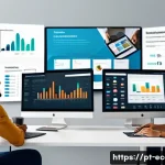 전자상거래 필기 시험 대비 중요 과목 정리 - A modern Brazilian e-commerce office scene, showing a diverse team of professionals working on digit...