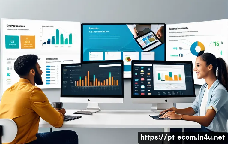 전자상거래 필기 시험 대비 중요 과목 정리 - A modern Brazilian e-commerce office scene, showing a diverse team of professionals working on digit...