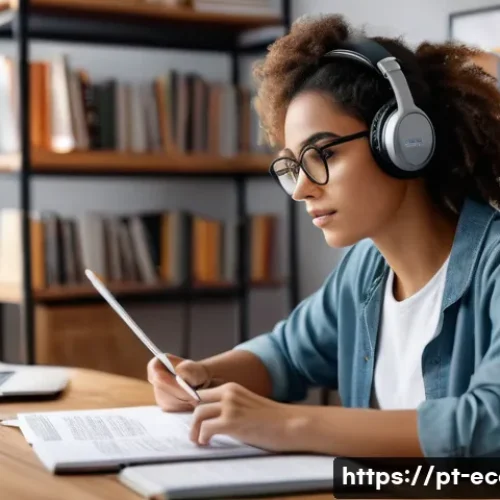 전자상거래 자격증 취득을 위한 필기 실기 공부법 - A focused young Brazilian woman studying at a clean, organized desk in a quiet home office, surround...