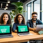 Home 19 전자상거래 필기 시험 대비 중요 개념 요약 - A modern Brazilian e-commerce workspace scene showcasing diverse professionals collaborating around ...